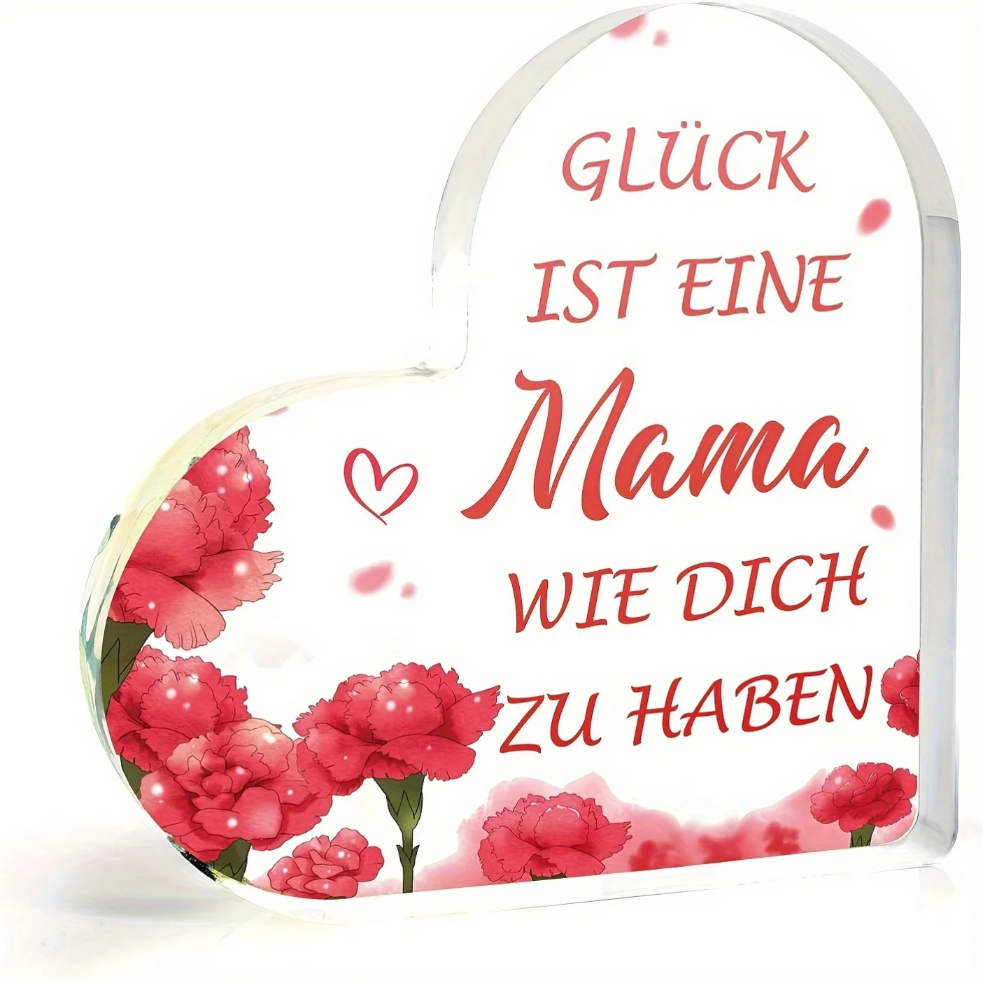 Decoración de Corazón Acrílico con la Frase en Alemán "Glück Ist Eine Mama Wie Dich Zu Haben" - Letrero de Escritorio con Clavel - Regalo Perfecto para el Día de la Madre