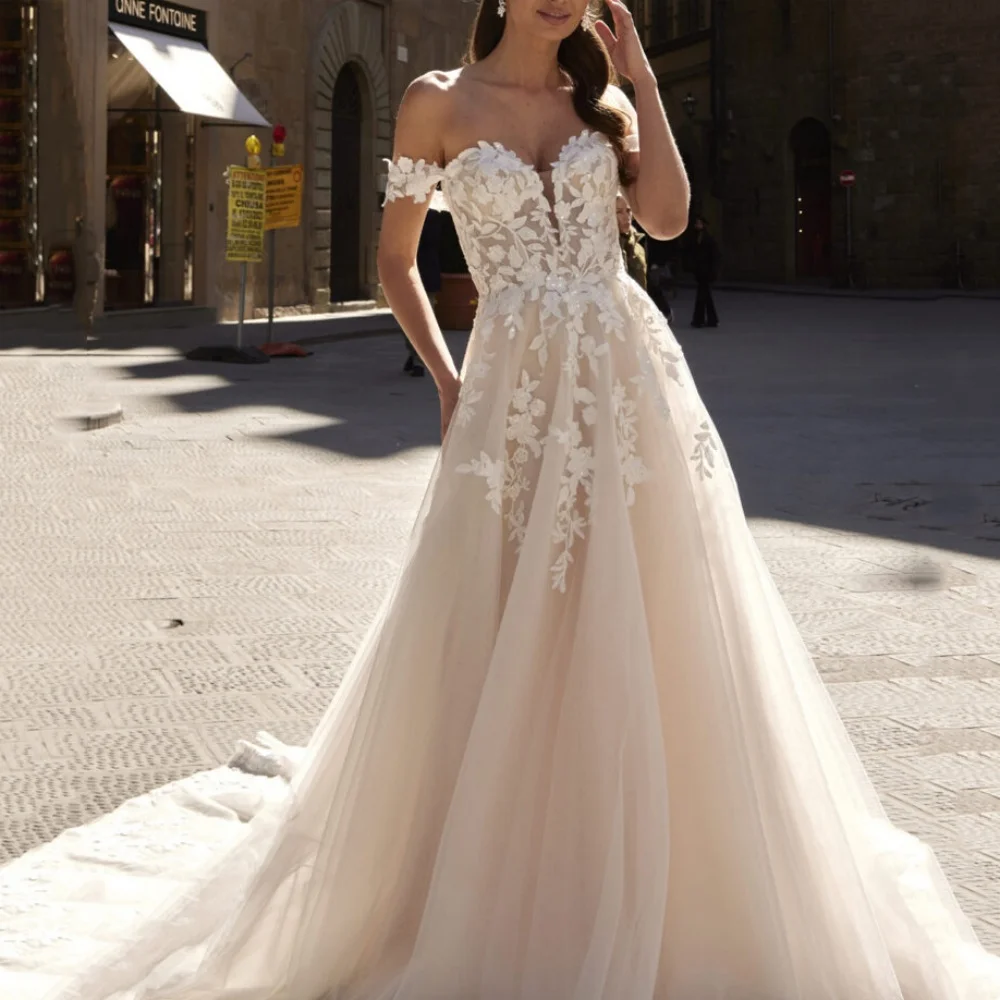 

Boho A-Line Wedding Dresses Appliques Lace Up Bridal Gowns Sweetheart Neck Off Shoulder Bride Dress vestidos de novia