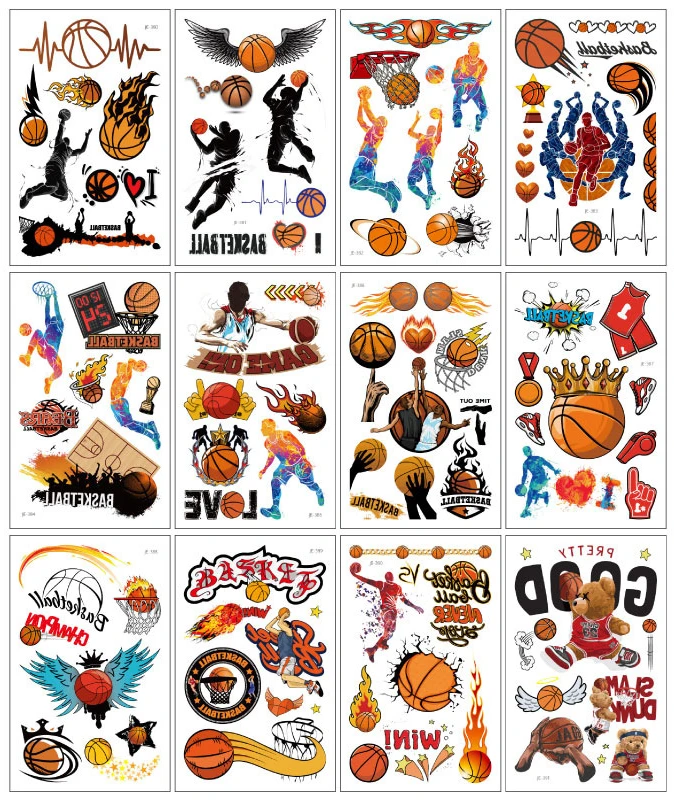 12Sheets Cartoon Basketball Rugby Football Baseball Temporary Tattoo Stickers Baby Shower Kid Body Sticker Tattoos Sport Party