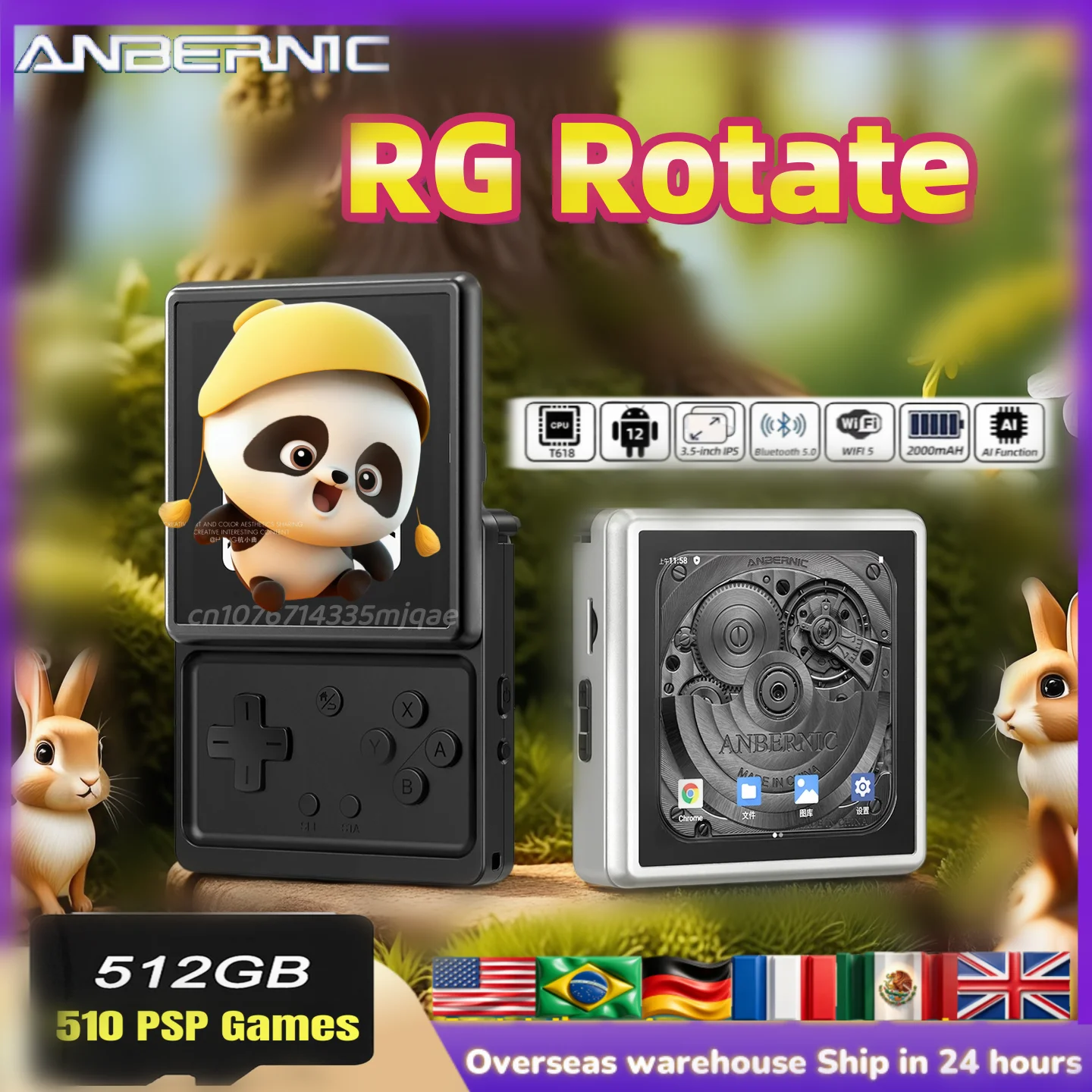 ANBERNIC RG Rotate, Consola de Juegos Portátil Android con Pantalla IPS Giratoria de 3.5 Pulgadas, Emulador Retro, Reproductor de Videojuegos WiFi, T618 AI PS2