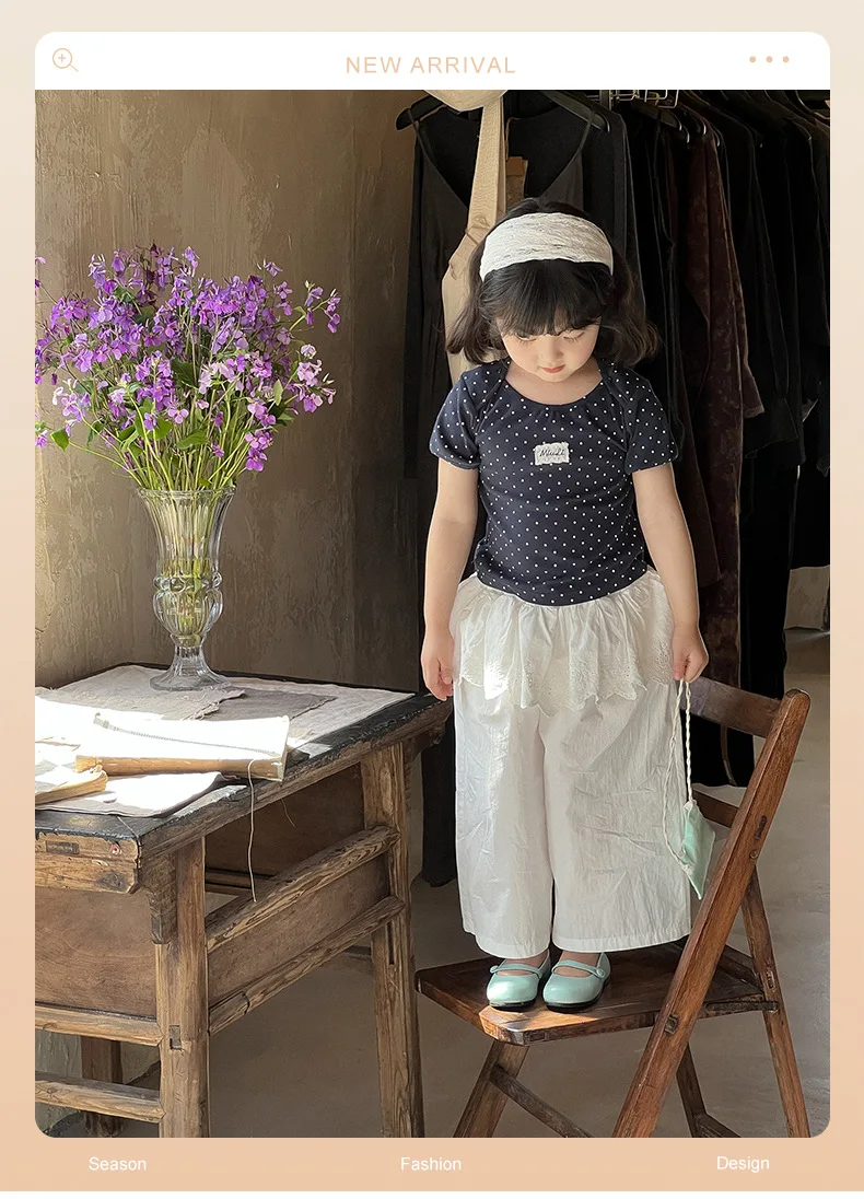 2026 Summer New Girls Short-Sleeve T-Shirt Fashionable and Versatile Polka Dot Childrens Top with Round Neck and Loose Fit