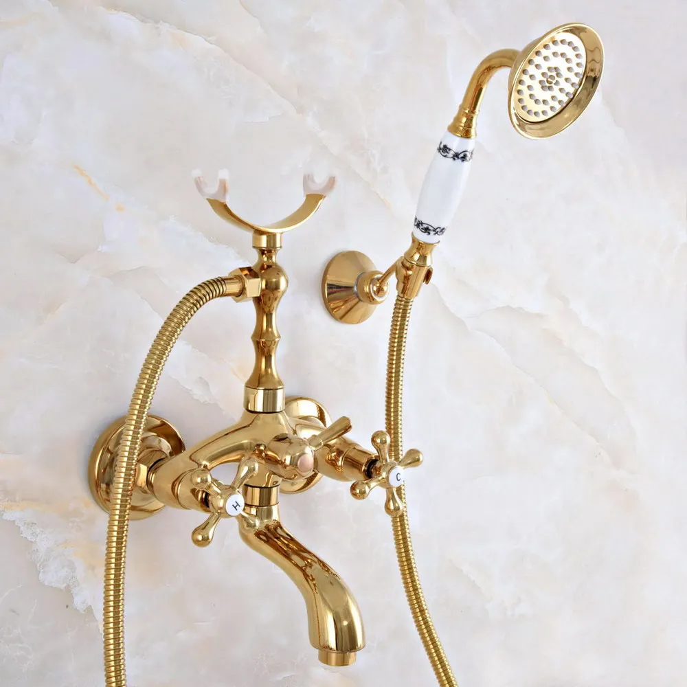 

Luxury Gold Color Brass Wall Mount Bathroom Bath Tub Faucet Set WITH/ 1.5M Handheld Shower Spray Head Mixer Tap Dna951