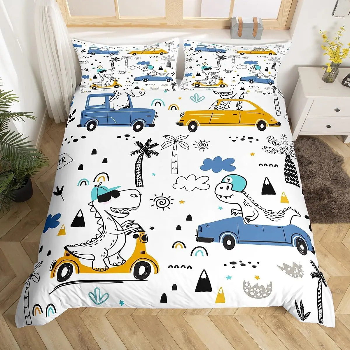 Cartoon Dinosaur Bedding Set Cute Dino Duvet Cover Set for Boys Teens Bedroom Decor Wildlife Jungle Animal Comforter Cover Set