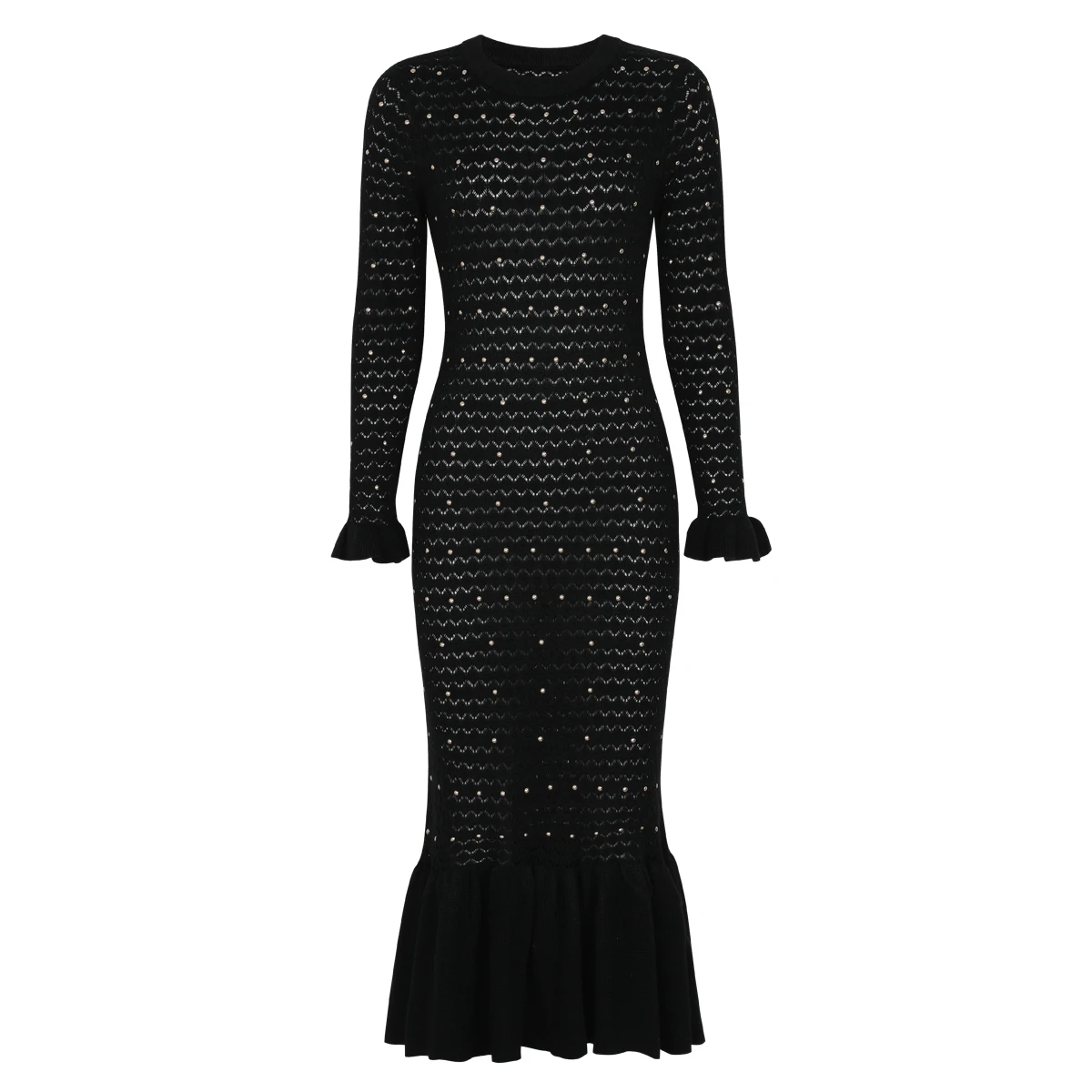 

2644 High Quality Spring And Autumn New Fashionable Commuter Knitted Slim Fit Rivet Round Neck Long Sleeve Dress For Women