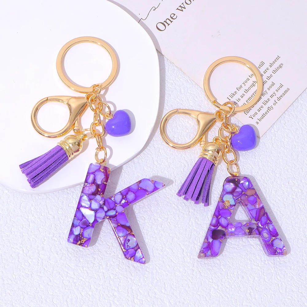 26 Initial Purple Sequin Resin Keychain Cute Heart Tassel Pendant Keyring Handbag Ornaments Car Trinket for Women Gift Souvenir