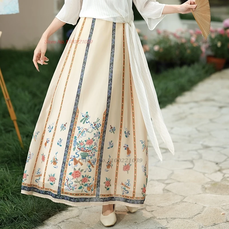 

2024 chinese vintage folk skirt national flower print chiffon horse-face skirt oriental traditional folk a-line skirt streetwear