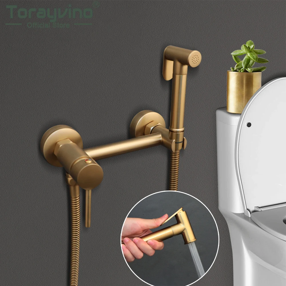 

Torayvino Brushed Gold Wall Mounted Bidet Sprayer Hot Cold Water Handheld Toilet Shattaf Spray for Bathroom Hygiene Pet Washing