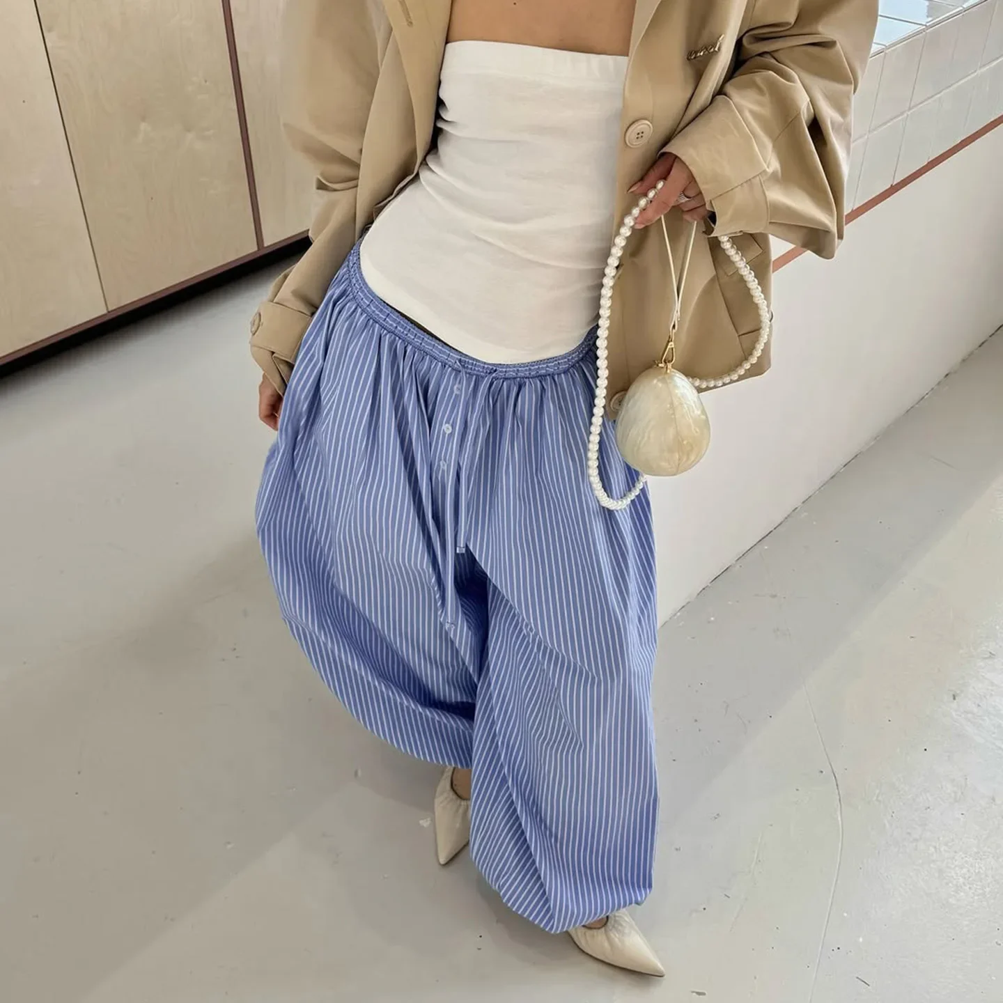 Y2K Womens Striped Casual Pants Commuting Versatile Slimming Relaxed Loose Comfortable Leg Lantern Pants