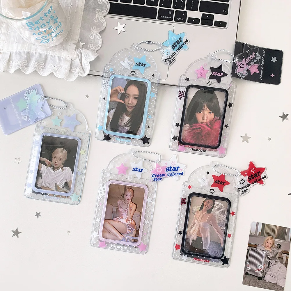 Kawaii Star PVC Photocard Holder with Bead Chain Cute Kpop Photo Card Protector Bag Pendant Transparent Card Holder for Students