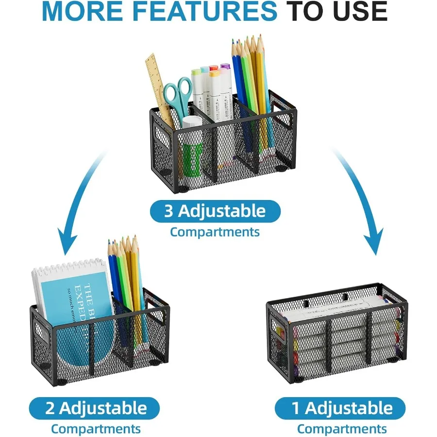 حامل أقلام شبكي لحامل المكتب ومنظم مكتب 3 مقصورات قابلة للتعديل مع مقبض مثالي لمكتب الفصول الدراسية #3