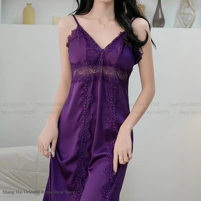 女性ロング Twinset ローブセットドレスセクシーなパッチワークレースサスペンダーネグリジェ親密なランジェリー新しいアイスシルクパジャマホームウェア