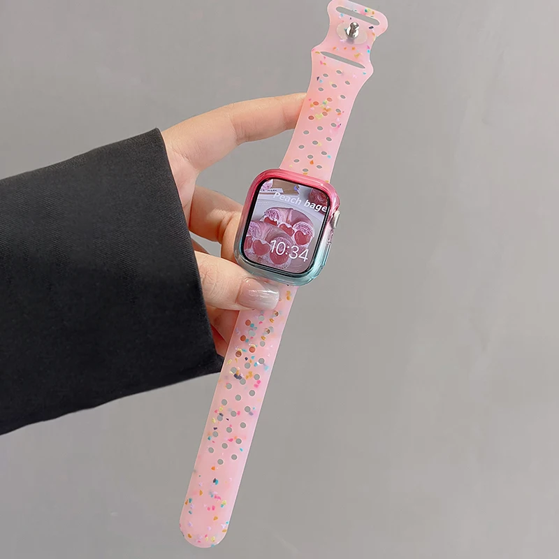 

Cute Jelly Color Dot Hole Silicone Strap For Apple Watch 49 45 44 42 41 40 38MM Gradient Case Set For iWatch 9 8 7 6 5 SE Ultra2