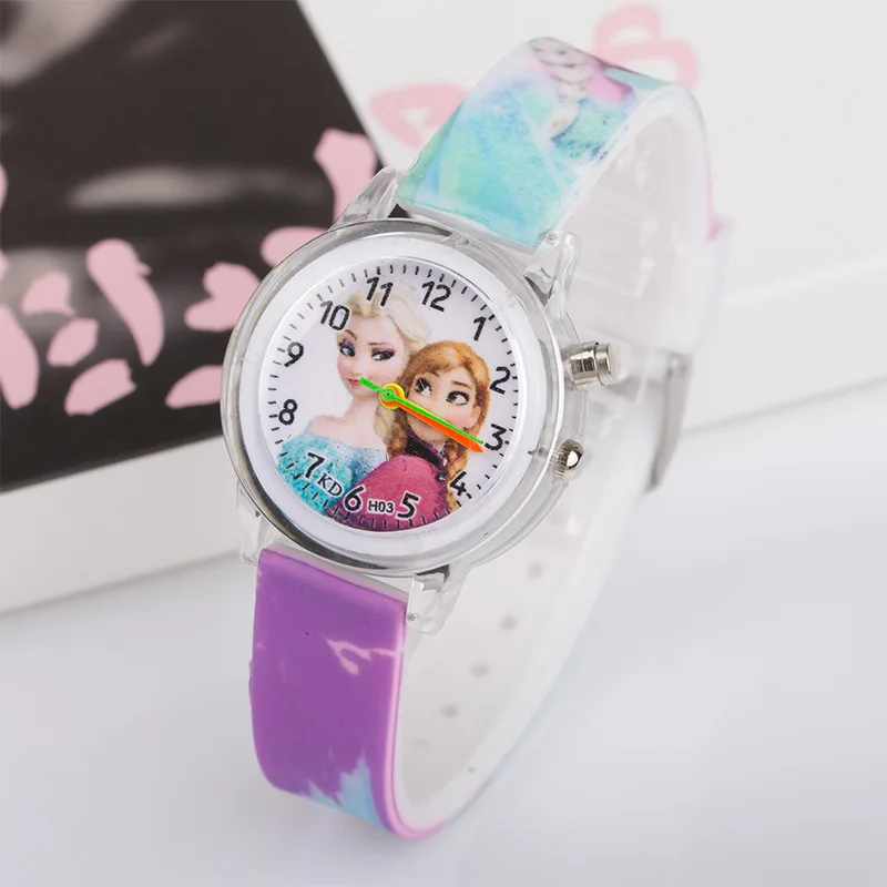 Disney Cartoon Frozen Princess Elsa children watches Colorful Led Light Watch Girls Kids Gift  Wristwatch Sports silicone strap