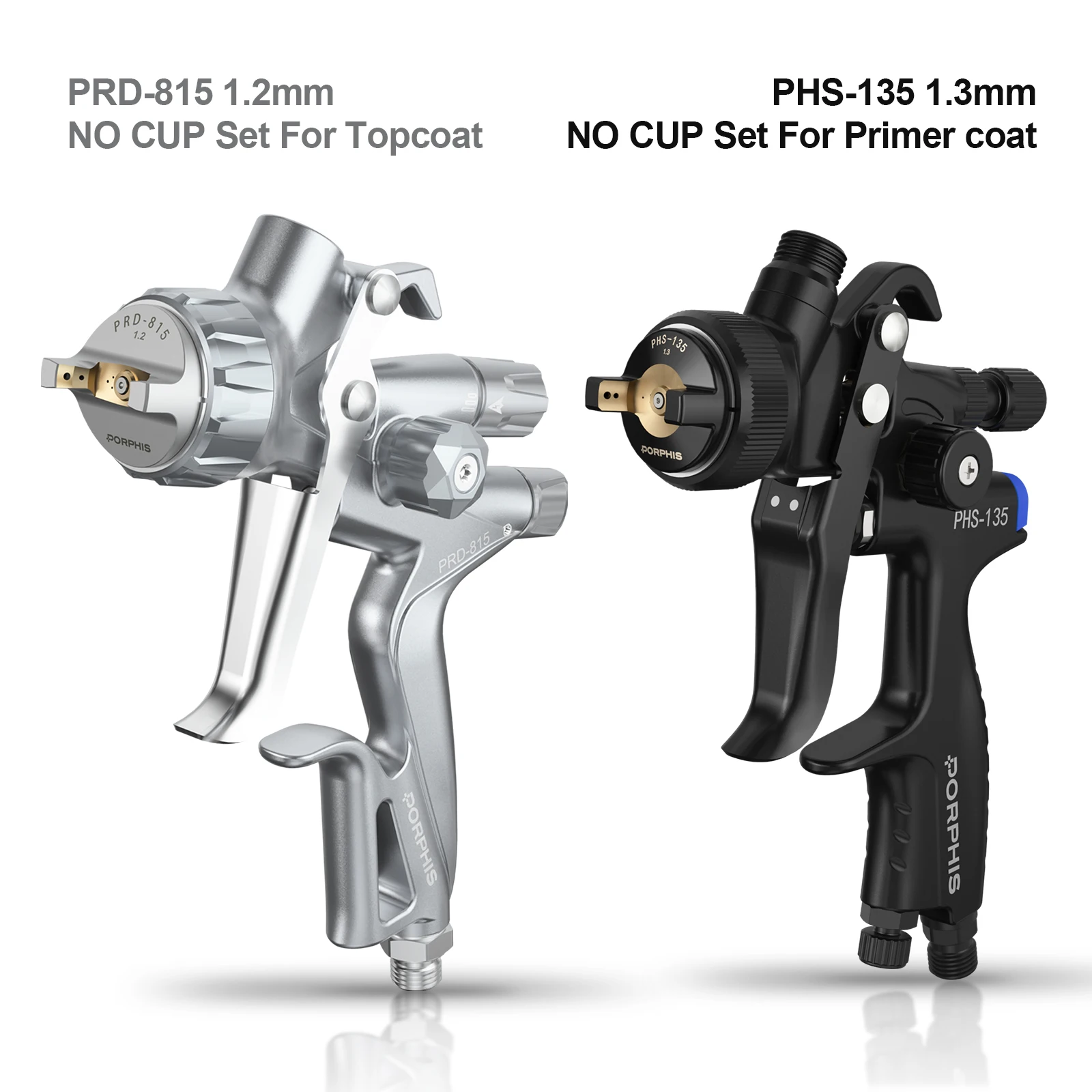 PORPHIS PRD-815 PHS-135 No Cup Dual Spray Painting Gun Set Car Paint Gun for Clearcoat Base Primer Automotive Refinish Topcoat