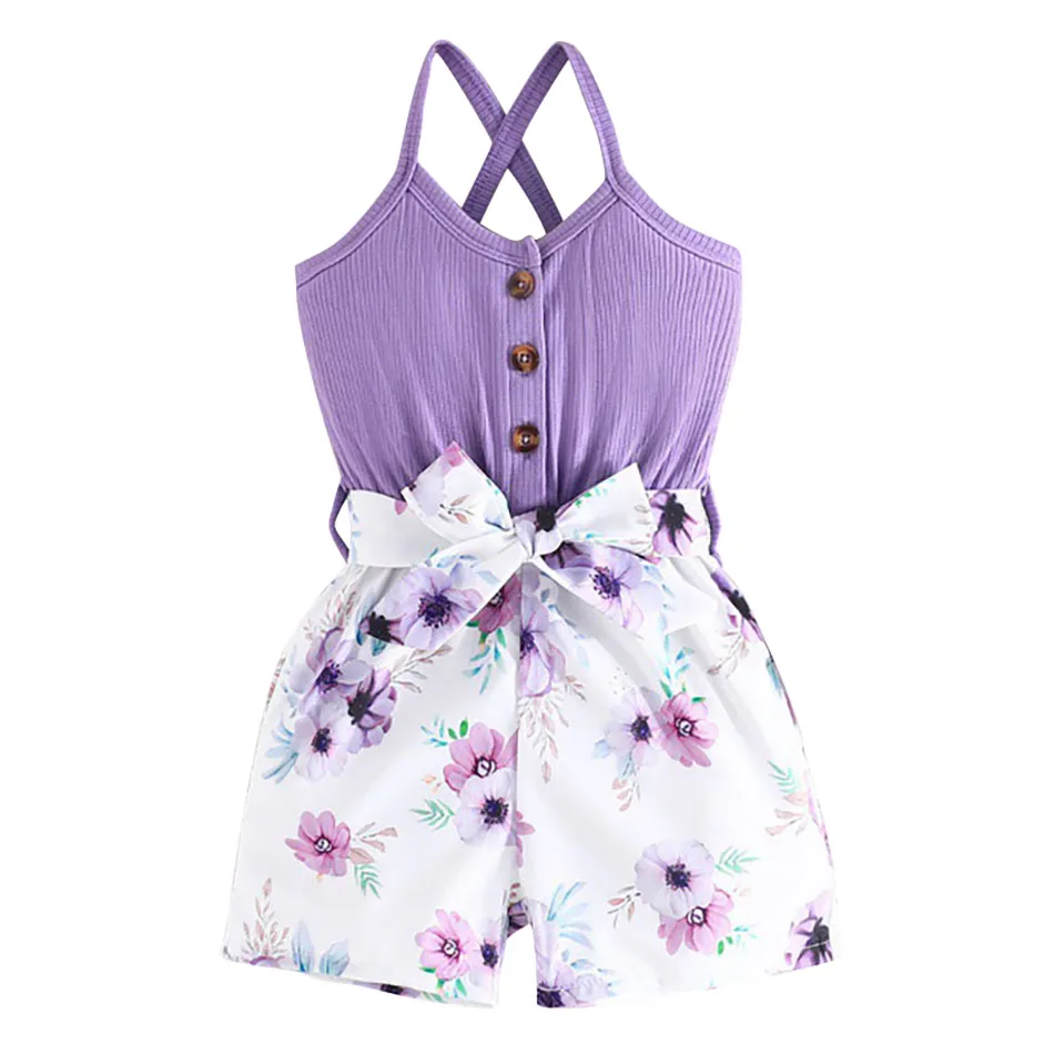 Summer Girls Solid Color Suspender Floral Print Jumpsuit Belt Two Piece Set Of Children's Pit Strap Suspender Floral Shorts Set