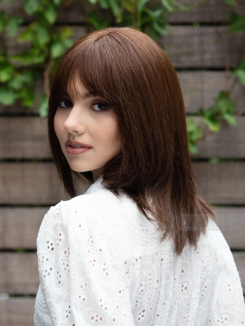 Soft Natural Bob Long Brown Straight 5x5 Silk Base Free Part  Jewish Human Hair Wig With Bangs HD Lace European Hair Preplucked