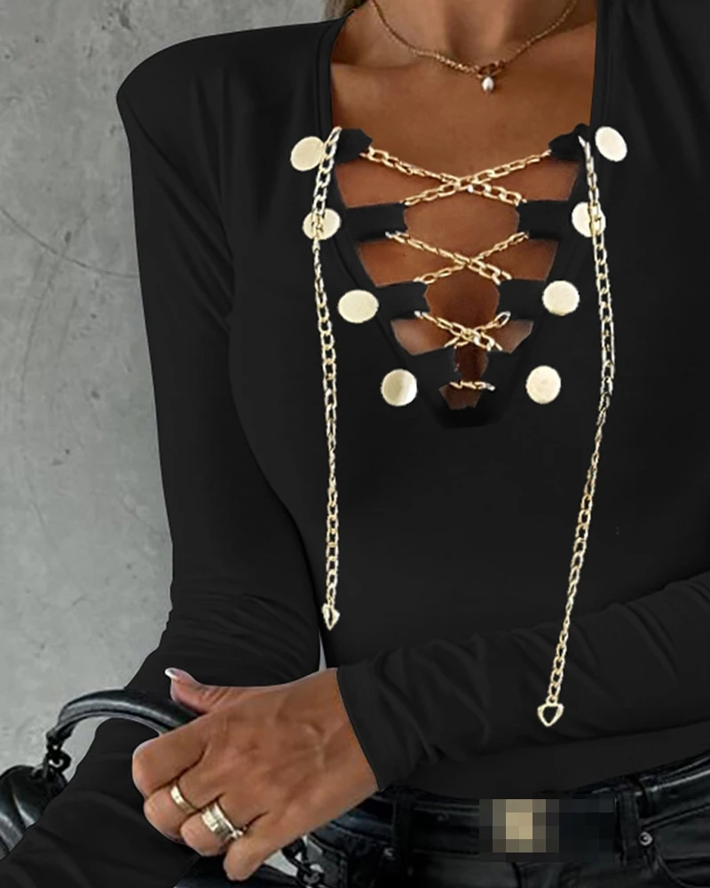 

Faionable Women's Chain Lace up Top Trendy Strap Design Upperwear Ele Chinese Sle irt for Ladies Autumn Season