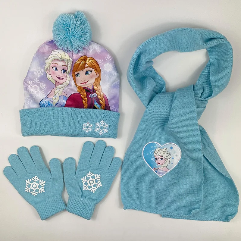 Winter New Disney Princess Knitted 3pcs/Set Girl Hat Scarf Gloves Frozen Princess Elsa Cartoon Children'S Warm Outdoor Kids Gift