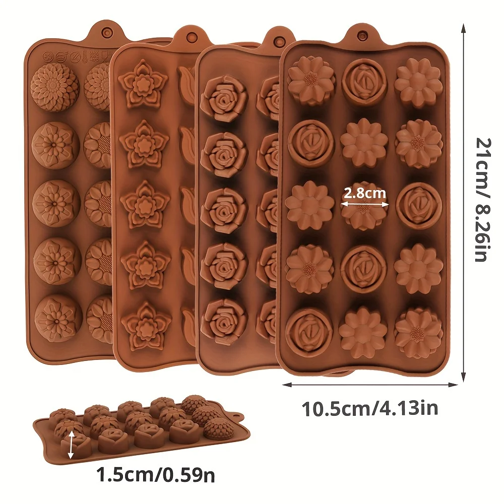4 Flower-Shaped Chocolate Candy Molds Made of Silicone, Food-Grade Non-Stick Jelly Molds, Crayon Molds, Silicone Baking Molds, Bpa-Free, Including Flower, Heart, Tulip, Rose Shapes view 2