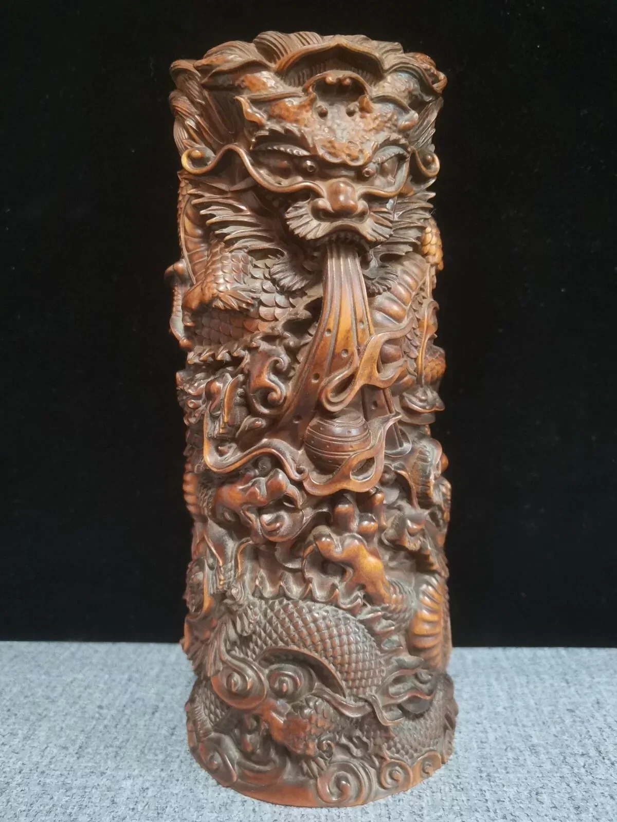 Chinese Boxwood Hand-carved Dragon Pillar Penholder Statue