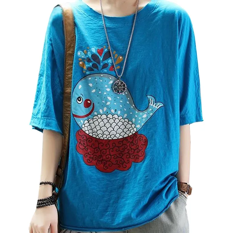 

Retro Literary Summer Cotton Women T Shirt Harajuku Cartoon Cute Bubble Dolphin Print Lady Tees Blue Loose Casual Tops Female