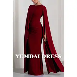 YUMDAI Saudi Burgundy Crepe Long Sleeve Cape Evening Gown Special Occasion Formal Wedding Party Dress Luxury Guest Dress 2024