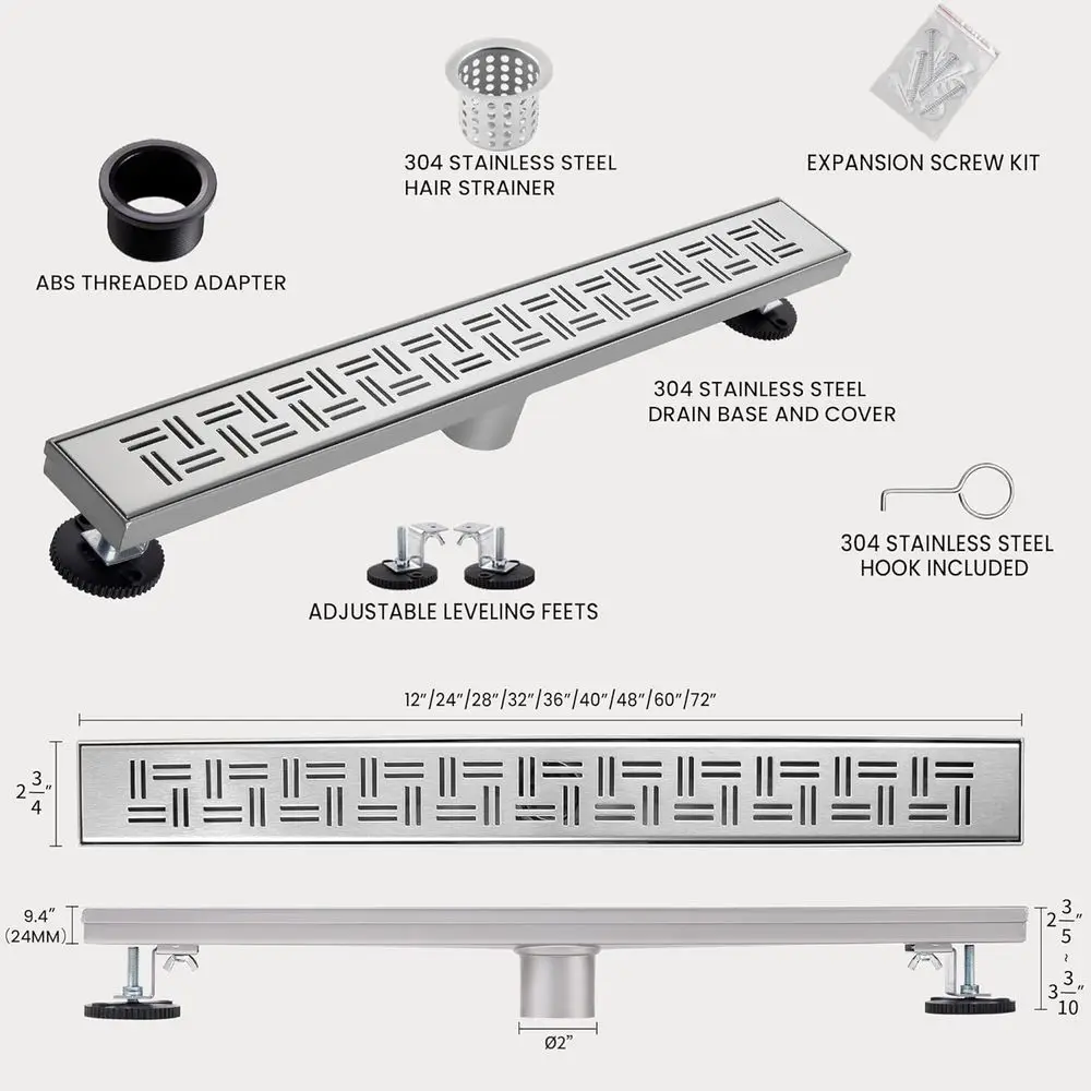 48 Brushed Nickel Linear Shower Drain with Removable Grate, 304 Stainless Steel, Easy Install & Clean for Bathrooms (Base Not In