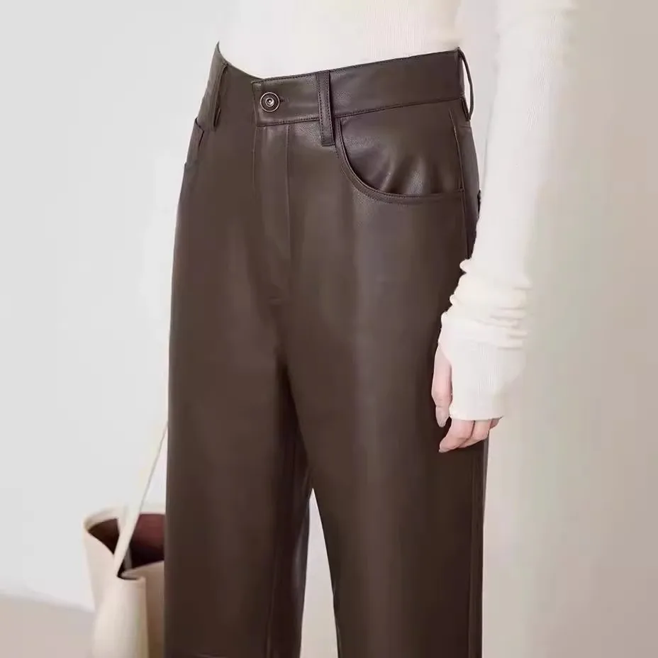 Tao Ting Li Na Genuine Leather Pants Light Luxury Sheepskin Maillard Casual Trousers High Waist Slim Straight Women's Pants