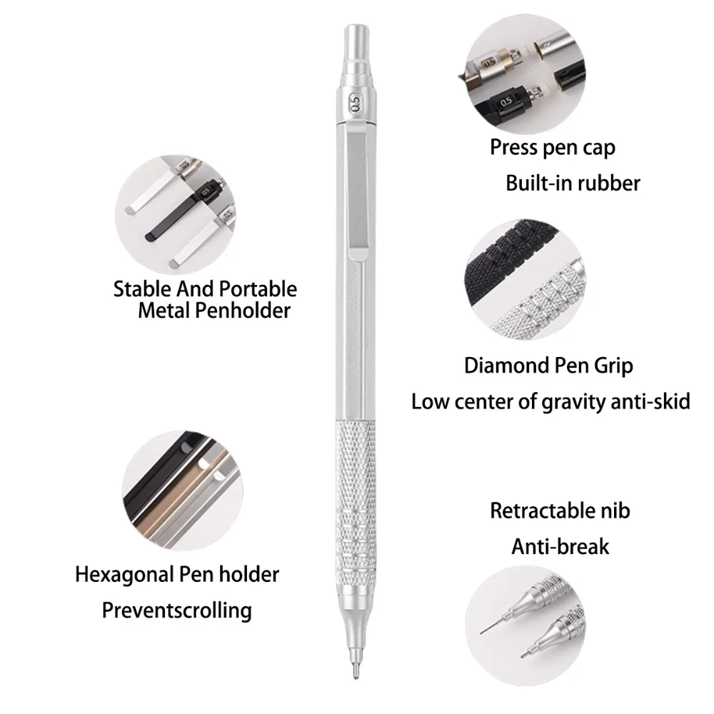1Pcs 0.3-0.7mm Silver Automatic Mechanical Pencil,Professional Art Drawing Writing Sketch Students Back To School Art Supplies