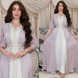 Autumn Muslim Dress For Women 2 Piece Set Morocco Party Dresses Arab Abayas Eid Kaftan Gown Robe Button V Neck Elegant Vestidos