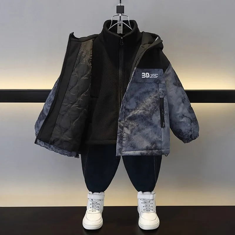 

Утепленная осенне-зимняя куртка для мальчиков 3-в-1: водонепроницаемая, молодежная, модная, с капюшоном, длинными рукавами и хлопковой подкладкой