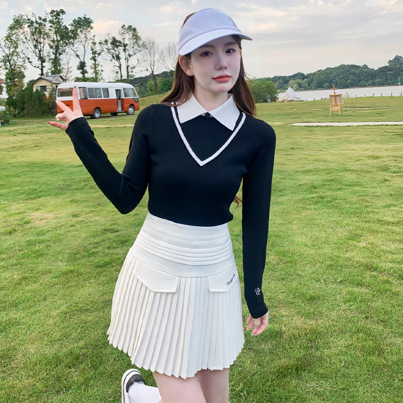 Luxury Long Sleeve Warm Golf Sweater Women Trend Pullover New Knitted Tops Lady Pleated Golf Skirts Slim Sports Skorts