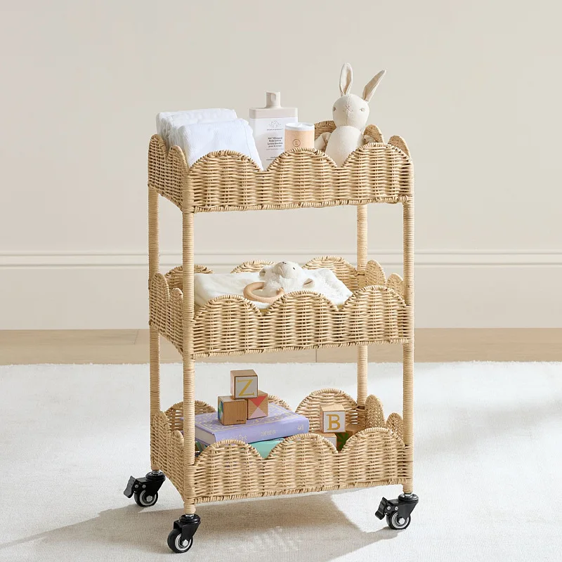 Bathroom Shelf Rattan Braided Bedroom Storage Rack Wheeled Movable Floor Type