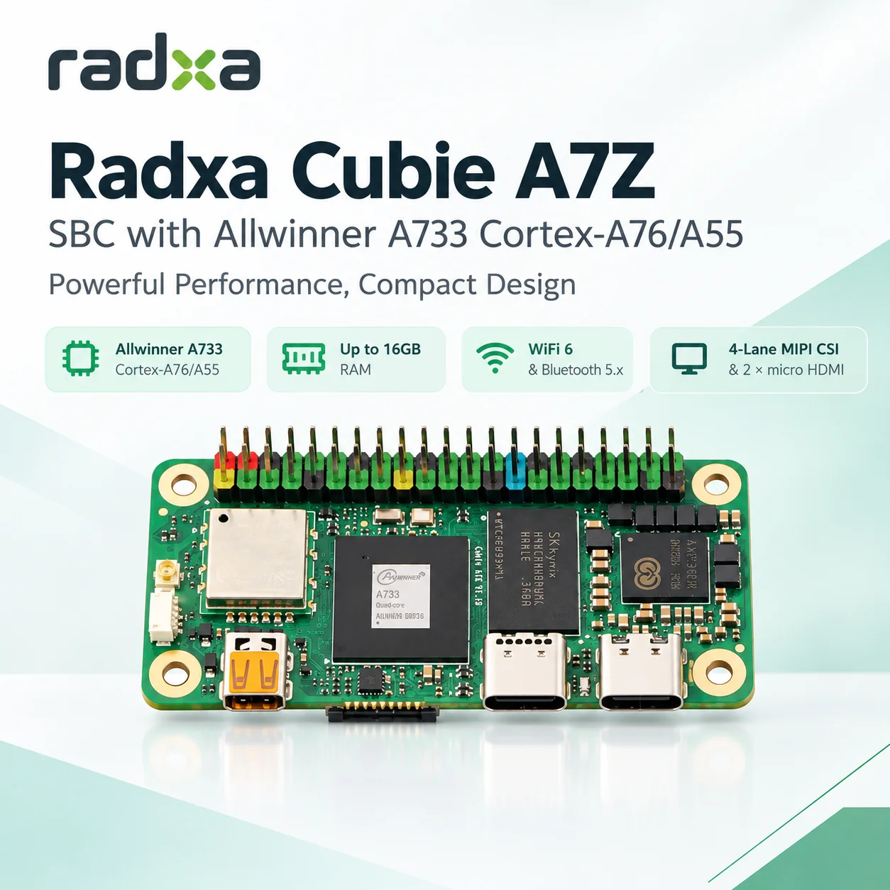 Radxa Cubie A7Z: Allwinner A73 Octa-Core SBC, 16GB RAM, WiFi 6, Pi Zero Size