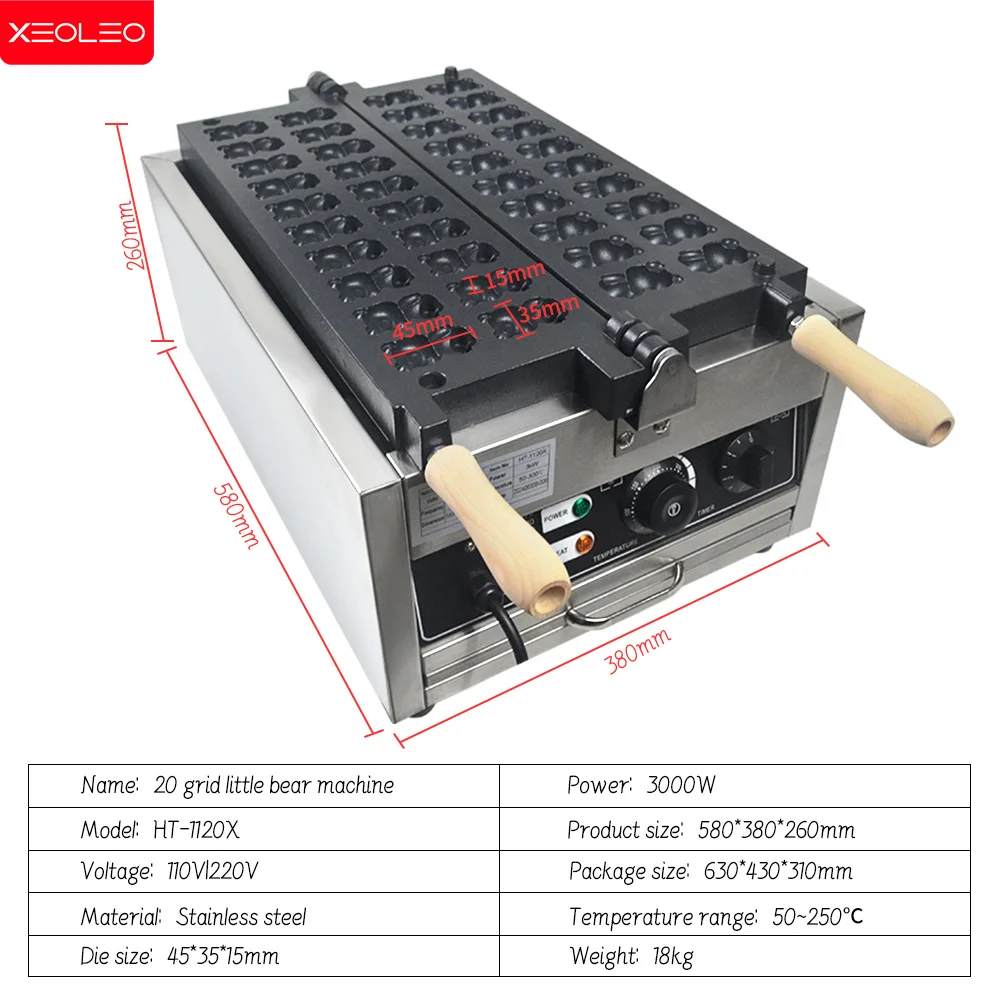 XEOLEO Commercial 20PCS Little Bear Shape Waffle Maker 3000W Electric Bear Waffle Make Machine Non-stick coating Snack Equipment