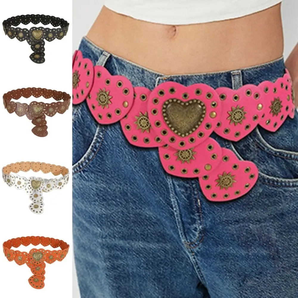 

Широкий боковой лоскутный пояс с сердечком в корейском стиле Y2k, пояс в стиле пастушки, металлическая пряжка, универсальный пояс с заклепками для женщин/девочек