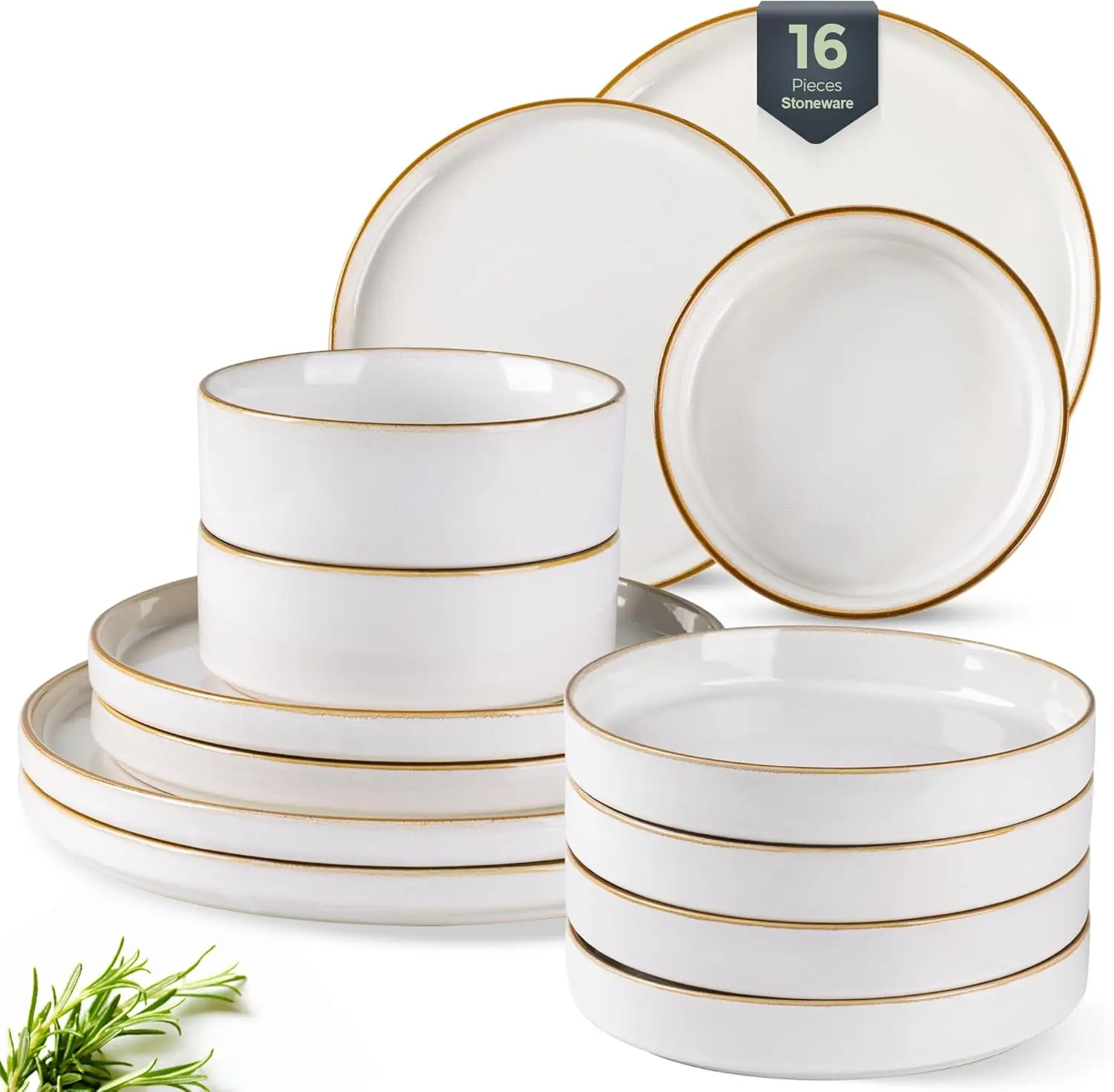 

Ceramic Dinnerware Sets With Double Bowl for 4, 16 Pieces Stoneware Plates and Bowls Set, Reactive Glaze Dishes -Scratch Resista