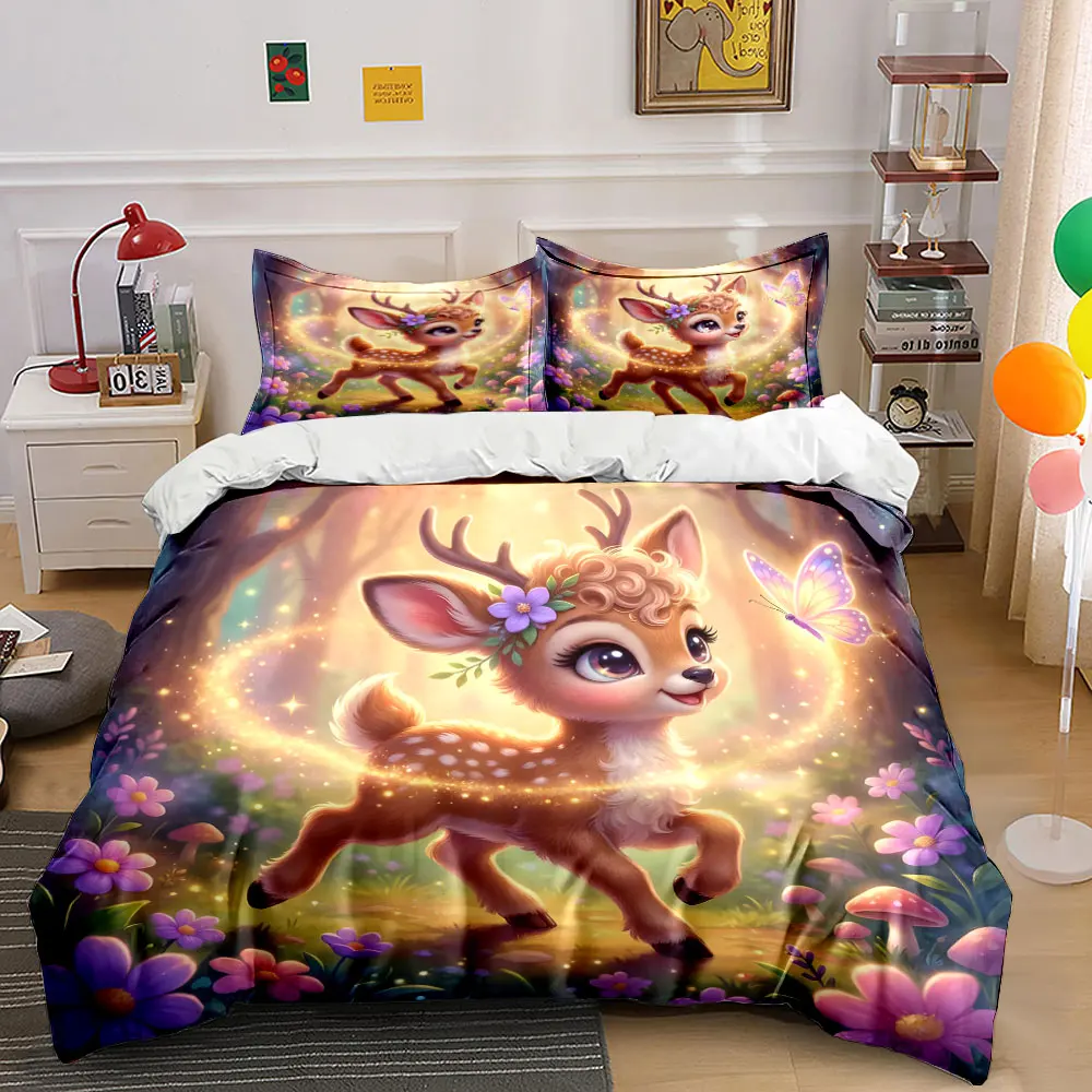 Enchanted fawn meets butterfly in forest Print Bedding set 3PC 1 duvet cover 2 pillowcases adult and children bedding set