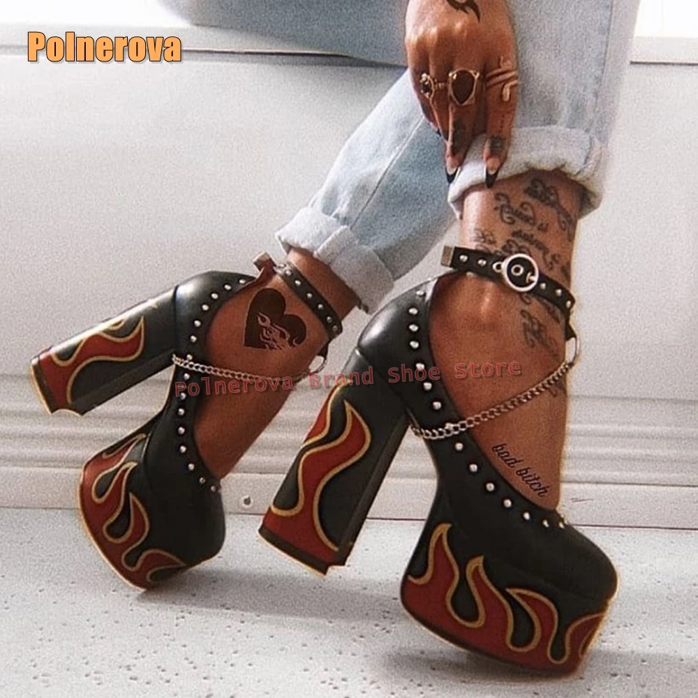 

Fire Flame Pattern Rivet Platform Pumps Round Toe Block Heels Buckle Strap Metal Chain Punk Shoes 2025 Summer New Arrivals Trend
