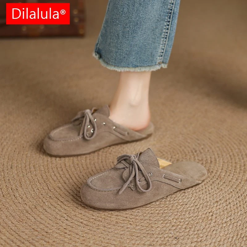 Dilalula 2026 Natural Cow Suede women's Mules Covered Toe Lace Up Slippers Lady Leisure Flat Heel Vacation Sandals Size 34-43