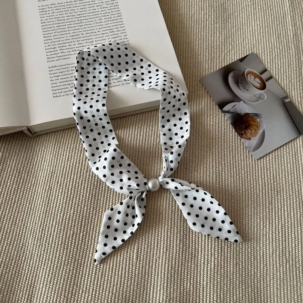 Vintage Thin Polka Dot Neckerchief Pearl Adjustable Silk Scarf Necklace Beads Long Narrow Collar Decor Women Daily Outfit