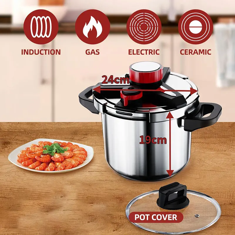 5/7L Stainless Steel Pressure Cooker with Glass Lid Explosion Proof Energy-Saving Safety Pressure Cooker Gas Induction Cooker