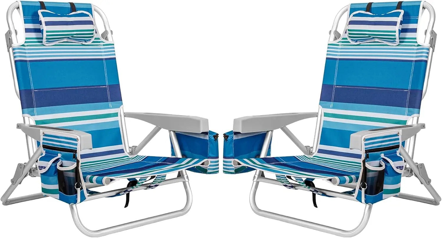 2Pk Aluminum Extra Wide 5-Position Lay Flat Folding Backpack Beach Chairs for Adults, with Cooler Bag, Cup&Phone Holder, Towel Bar for Outdoor Lawn Picnic Sport, Portable Camping Chairs, Blue Stripes