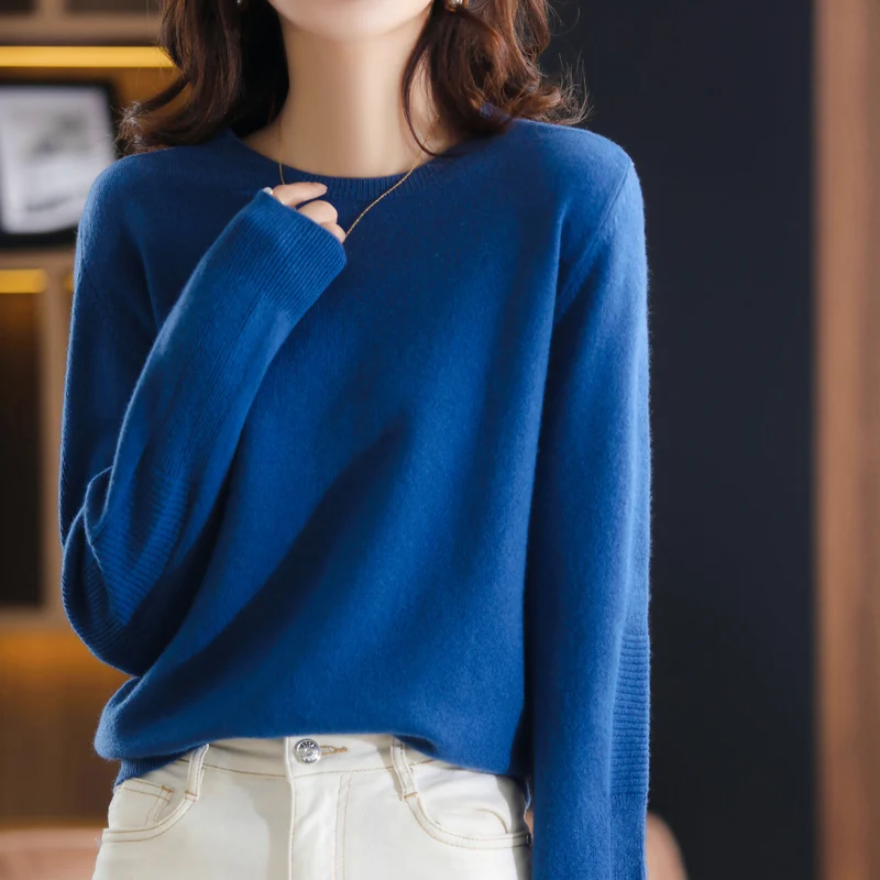 

Autumn New Pure Wool Round Neck Pullover Women's Chic Korean Style Knitted Sweater Loose Large Size Thin Top Fashion Loose Style