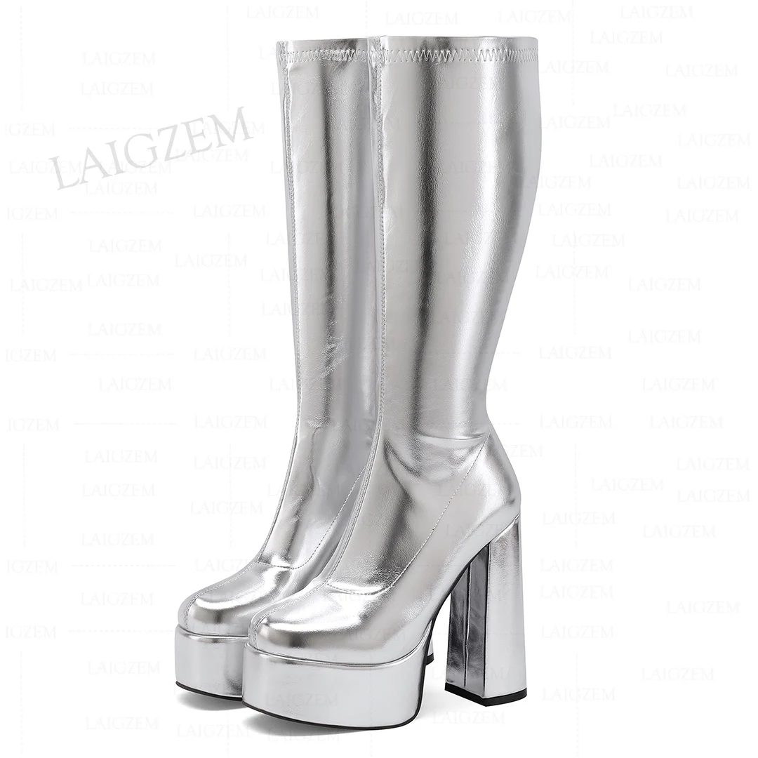 LAIGZEM Slim Fit Women Knee High Platform Boots Elastic Thick High Heels Pull On Metallic Boots Shoes Woman Big Size 36 39 41 43