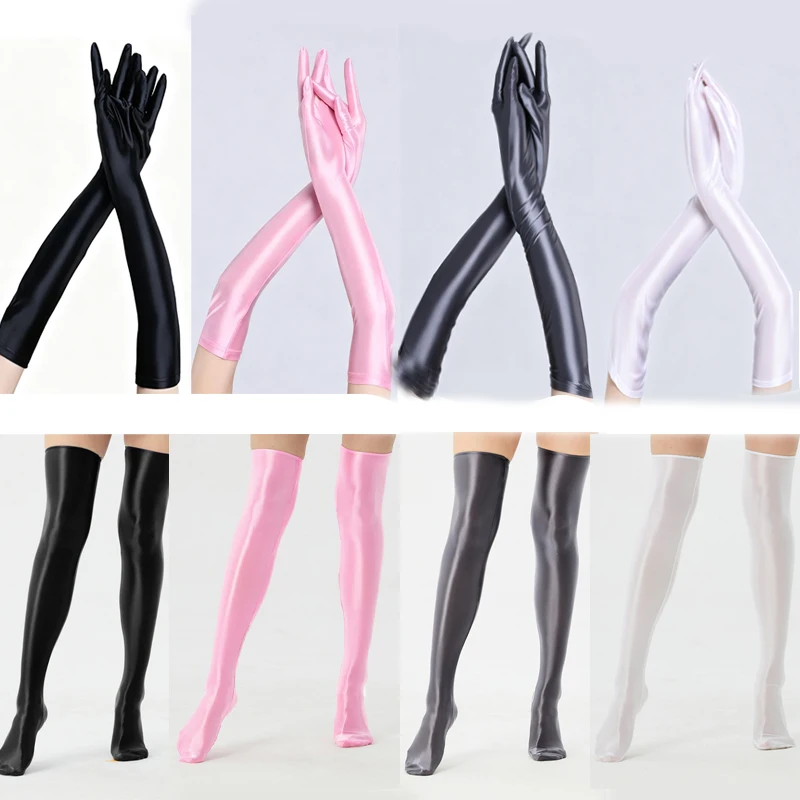 Women Sexy Tight Oil Satin Smooth Over-Knee Socks&Gloves Party Clubwear Pole Dance Cosplay Thigh High Stockings Long Gloves