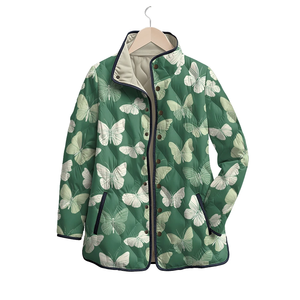 Women's Lightweight Jacket with Multicolor Butterfly Print Stand Collar Button Front Casual Fall Winter Coat Practical Outerwear