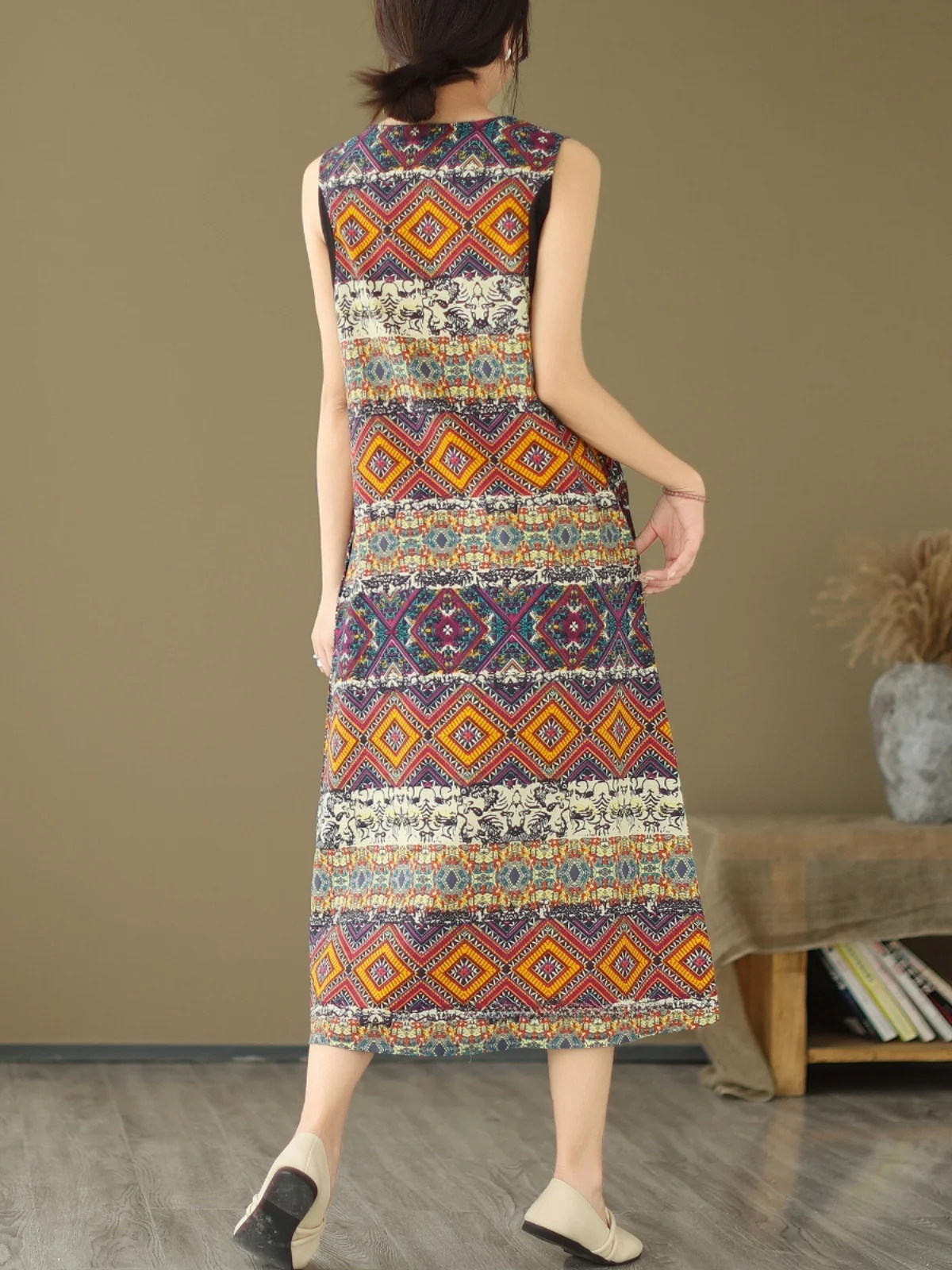 เสื้อกั๊กลายดอกย้อนยุค กระโปรงทรงเอเอวหลวมความยาวปานกลาง สไตล์วินเทจ สำหรับผู้หญิง ฤดูร้อน คอกลม