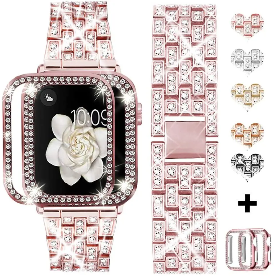 Correa de diamante de Metal y funda para Apple watch, pulsera de mujer para iwatch 8, 7, 6, 5, 4, 3, SE, 45mm, 44mm, 42mm, 41mm, 40mm, 38mm