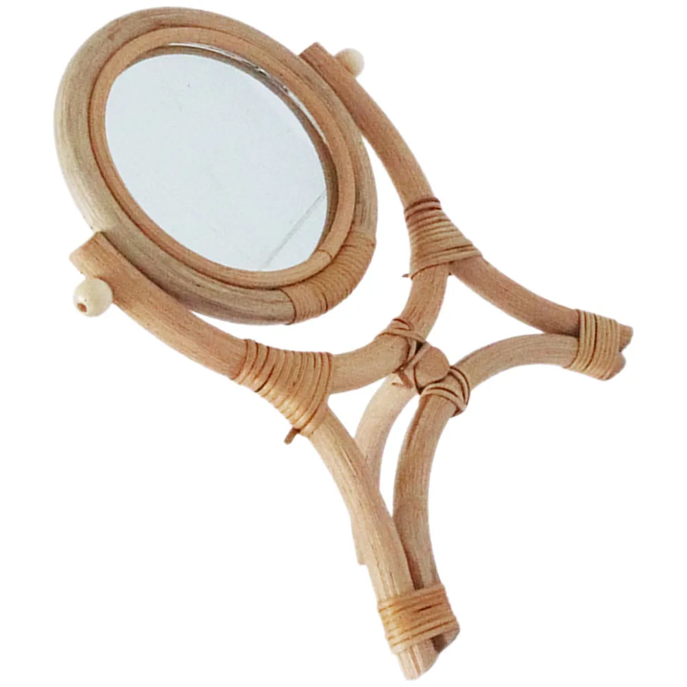 

Vintage Style Rattan Makeup Mirror Rotating Desktop Mirror for Women Bathroom Countertop Dressing Table Stable Tripod Base
